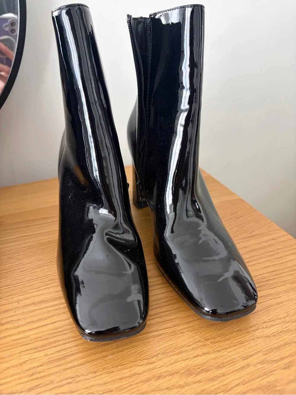 Black Patent Mid-Heel Ankle Boots - Women's Fashion Bootie